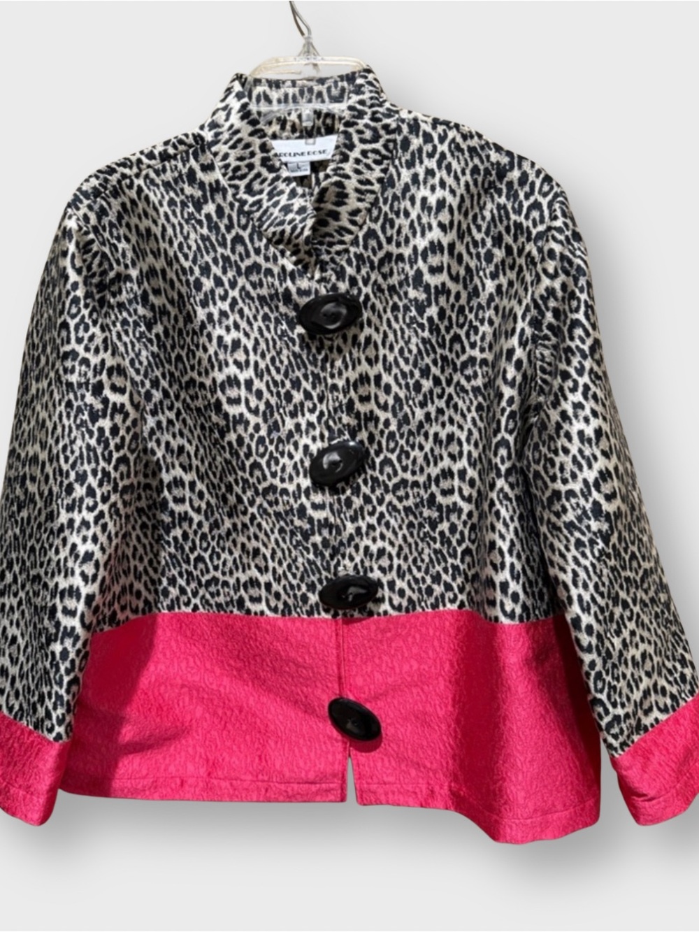 Caroline Rose Leopard Print Colorblock Statement Jacket with Hot Pink Trim